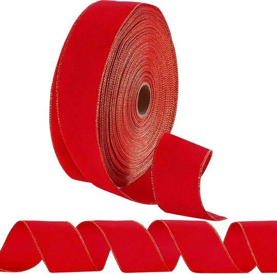 Sanchez; Christmas Wired Velvet Ribbon with Gold Edge Velvet Waterproof Ribbon Wrapping Velvet Decoration Ribbon for Xmas Wreath Bows Floral Craft Ornaments (Red, 2.5 Inch x 60 Yard); Category:Christmas Ribbon & Trimming; Image:1